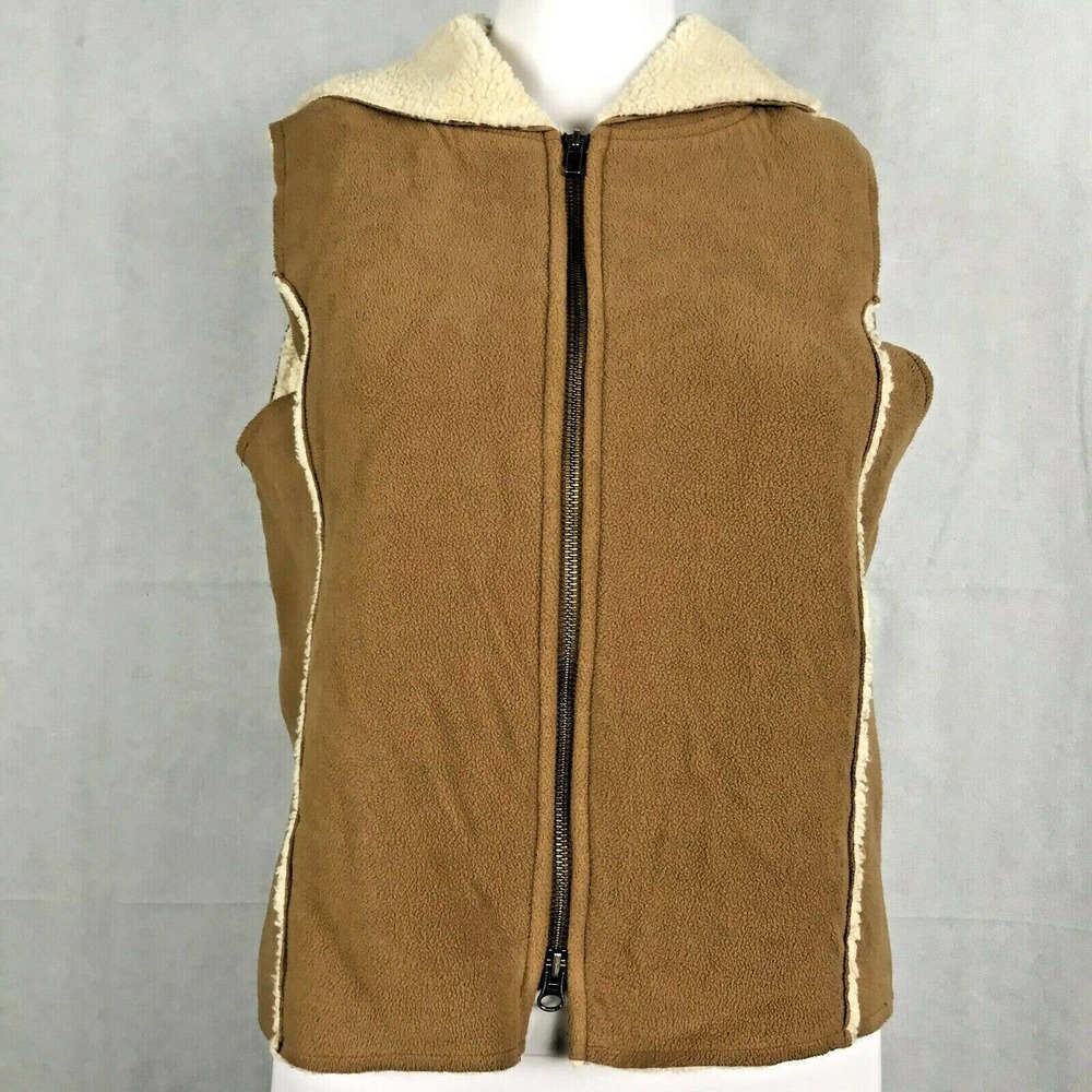 Ralph‎ Lauren Vest Womens Sz S Brown Faux Sherpa Lined Fleece Zip Up Hooded